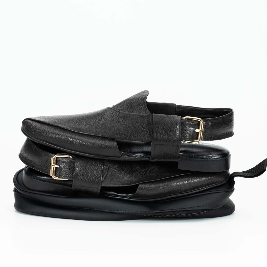 Foldable soft Peshawari Chappal black